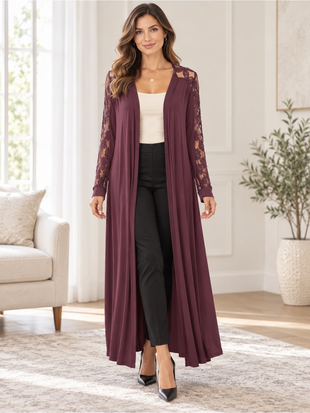 POL Long Sleeve Lace Maxi Cardigan in Purple Size M